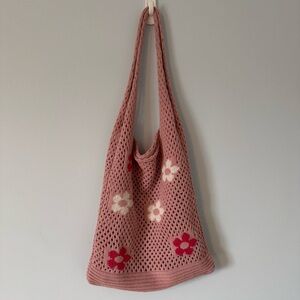 Pink Floral crochet/Knit fairycore Hobo Tote Bag